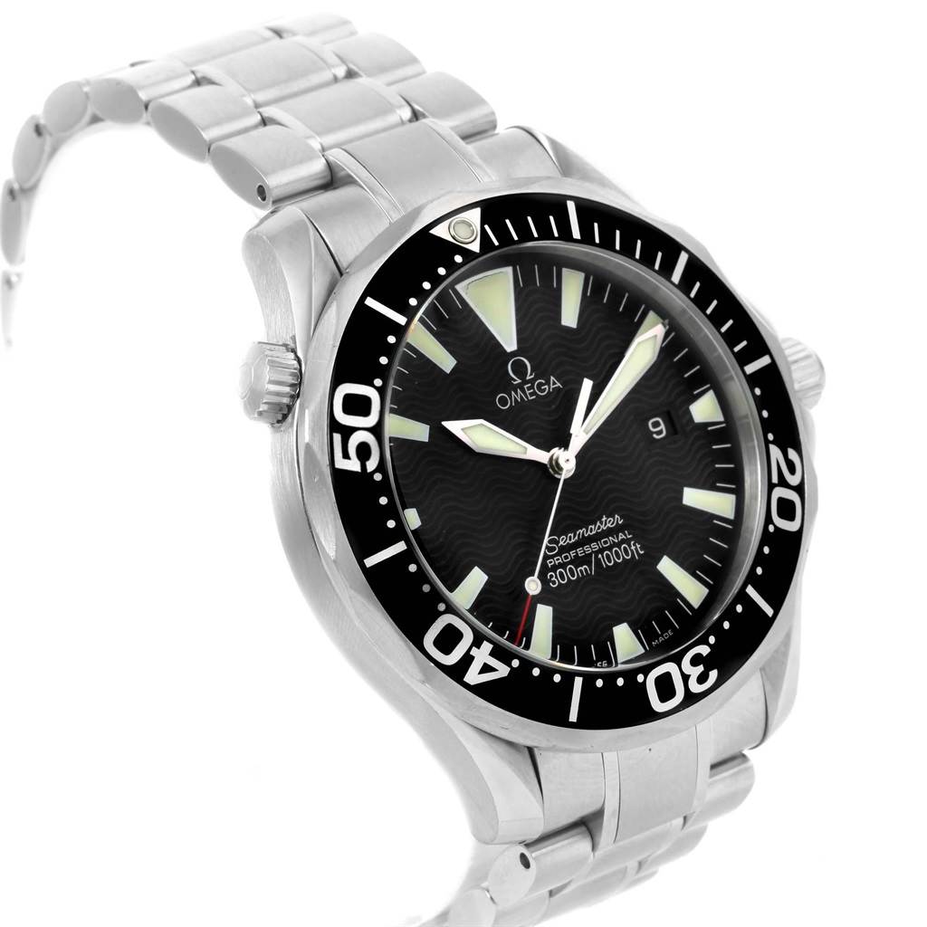 The Omega Seamaster 2264.50.00 Men
s Stainless Steel Black Dial 2264.50.00 Men
s Stainless Steel Black Dial watch is shown at a left side angle, displaying its face, bezel, crown, and bracelet.