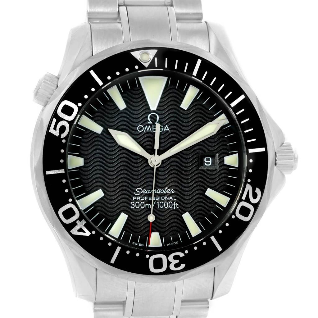 The image shows a front view of an Omega Seamaster 2264.50.00 Men
s Stainless Steel Black Dial 2264.50.00 Men
s Stainless Steel Black Dial watch, highlighting the dial, bezel, crown, and bracelet.