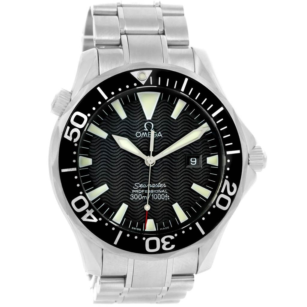 The image shows a full frontal view of the Omega Seamaster 2264.50.00 Men
s Stainless Steel Black Dial 2264.50.00 Men
s Stainless Steel Black Dial Professional 300M watch, showcasing the dial, bezel, hands, and bracelet.
