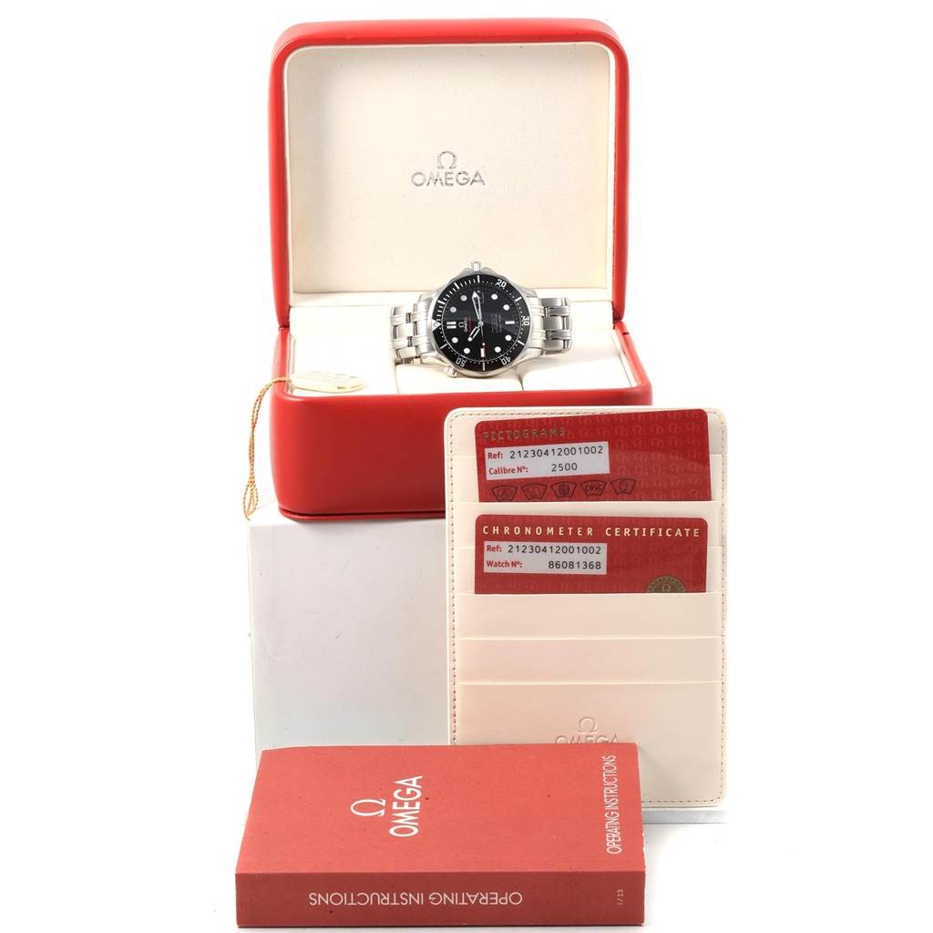 The Omega Seamaster 212.30.41.20.01.002 Men
s Stainless Steel Black Dial 212.30.41.20.01.002 Men
s Stainless Steel Black Dial watch is shown front-on in its case, along with its operating instructions and warranty cards in a holder.