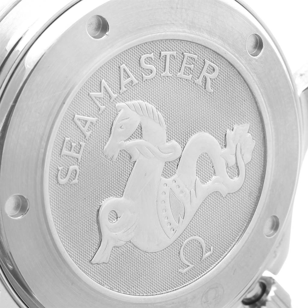 The image shows the back case of an Omega Seamaster 212.30.41.20.01.002 Men
s Stainless Steel Black Dial 212.30.41.20.01.002 Men
s Stainless Steel Black Dial watch, highlighting the engraved logo and text.