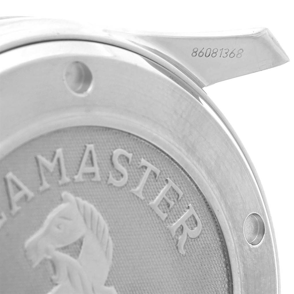 The image shows a close-up of the back of an Omega Seamaster 212.30.41.20.01.002 Men
s Stainless Steel Black Dial 212.30.41.20.01.002 Men
s Stainless Steel Black Dial watch, displaying part of the logo and serial number.