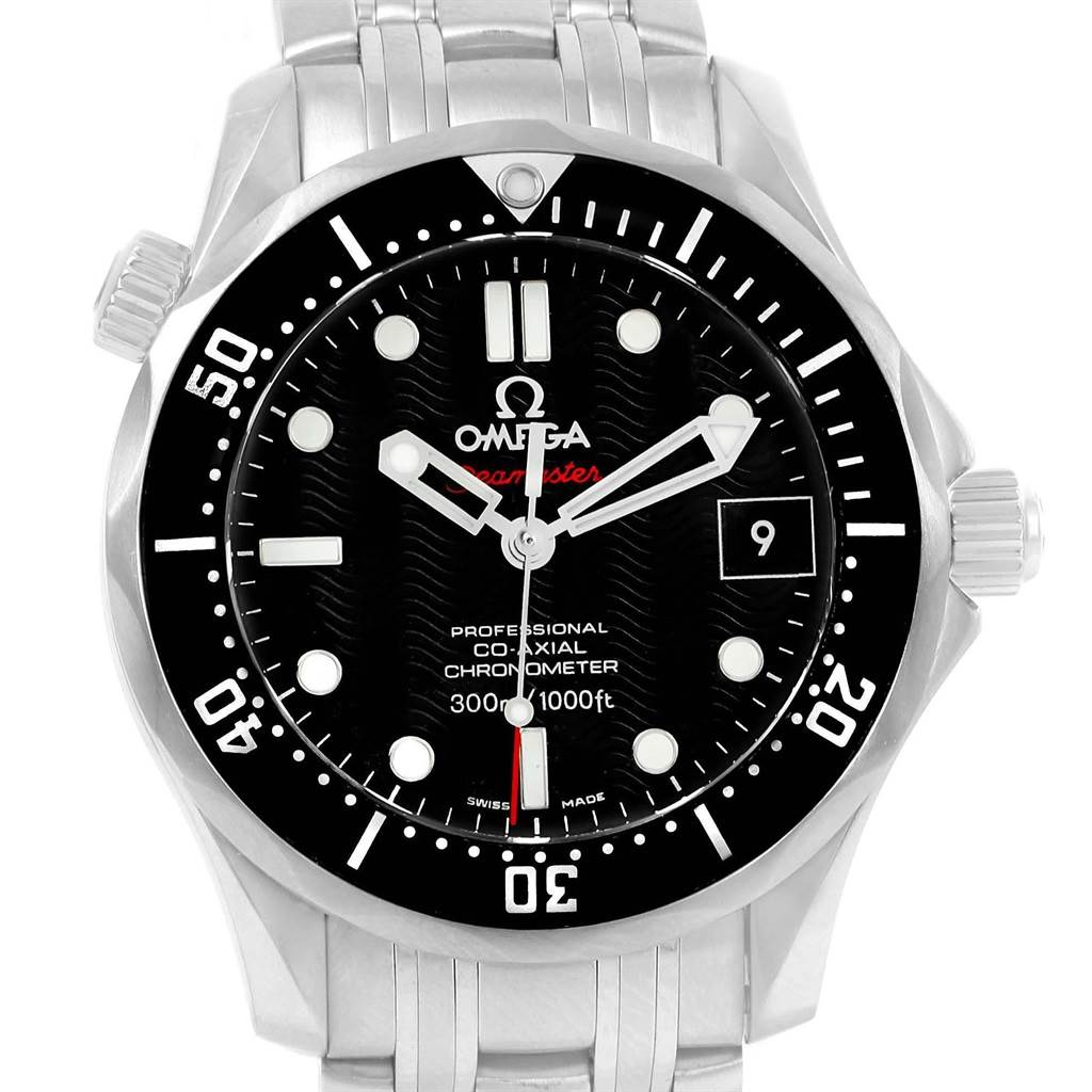 The image shows a front view of the Omega Seamaster 212.30.41.20.01.002 Men
s Stainless Steel Black Dial 212.30.41.20.01.002 Men
s Stainless Steel Black Dial watch, displaying the dial, hands, date window, and part of the bracelet.