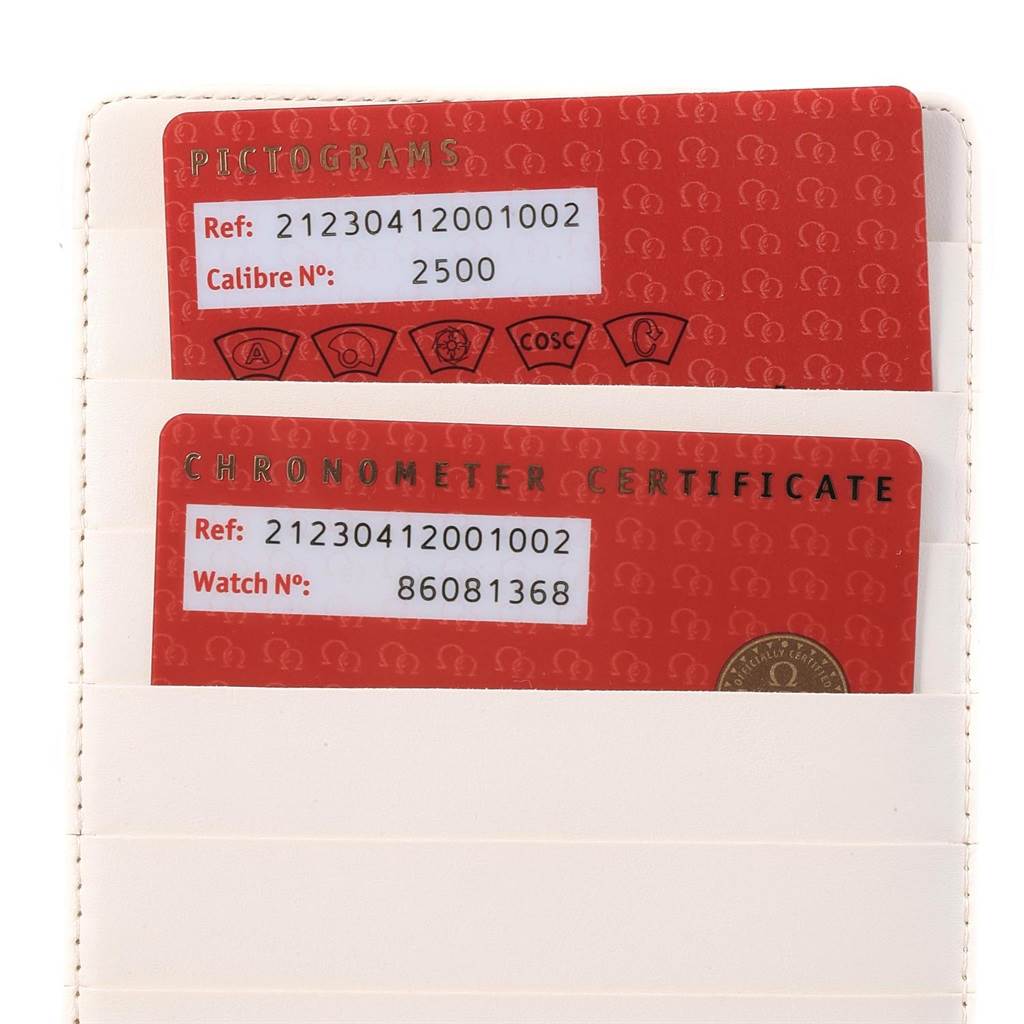 The image shows the pictogram and chronometer certificate cards for an Omega Seamaster 212.30.41.20.01.002 Men
s Stainless Steel Black Dial 212.30.41.20.01.002 Men
s Stainless Steel Black Dial model.