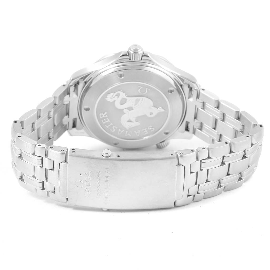 The image displays the Omega Seamaster 212.30.41.20.01.002 Men
s Stainless Steel Black Dial 212.30.41.20.01.002 Men
s Stainless Steel Black Dial watch from a rear angle, showing its engraved case back and metal bracelet clasp.