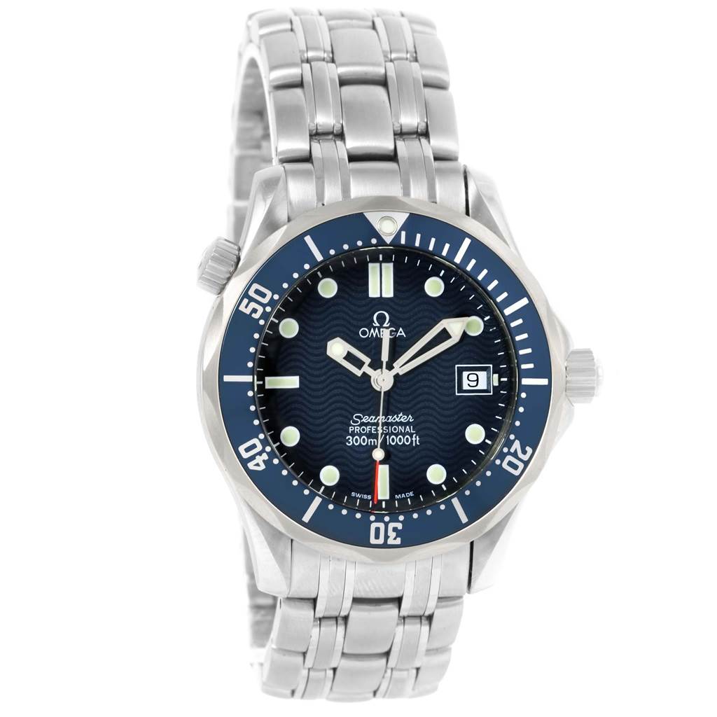 The image shows a front angled view of the Omega Seamaster 2561.80.00 Men
s Stainless Steel Blue Dial 2561.80.00 Men
s Stainless Steel Blue Dial watch, highlighting the dial, bezel, and stainless steel bracelet.