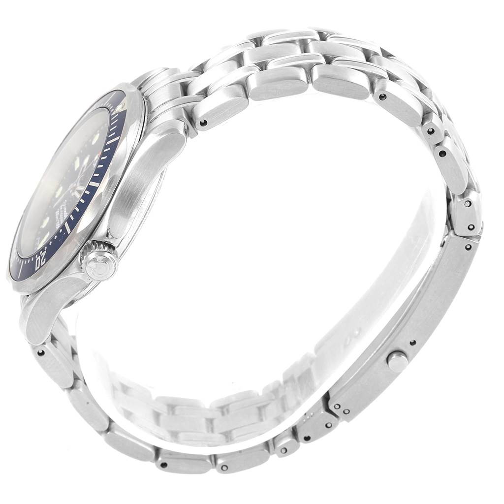 The image shows a side view of an Omega Seamaster 2561.80.00 Men
s Stainless Steel Blue Dial 2561.80.00 Men
s Stainless Steel Blue Dial, highlighting the bezel, crown, and stainless steel bracelet.