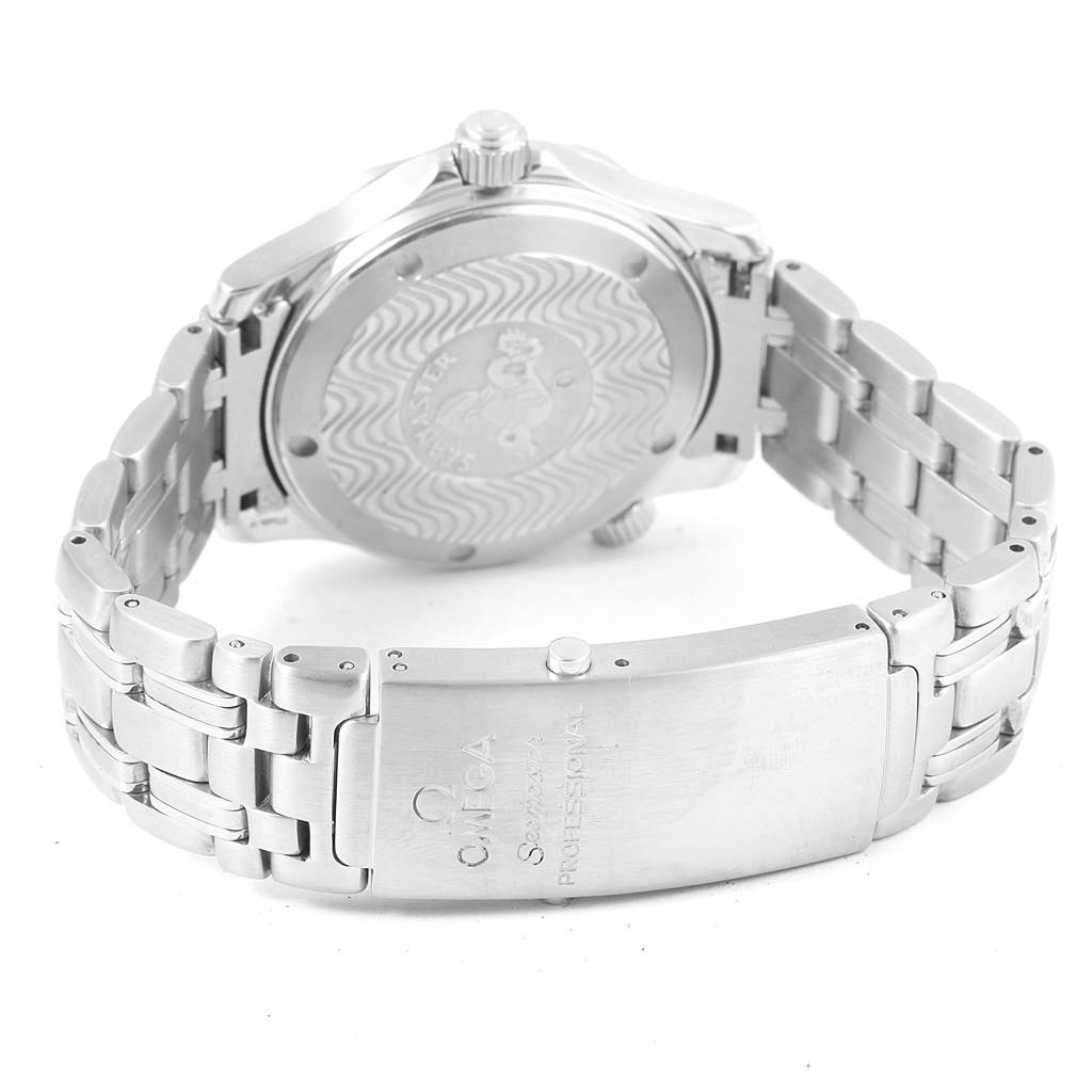 The image shows the back case and clasp of an Omega Seamaster 2561.80.00 Men
s Stainless Steel Blue Dial 2561.80.00 Men
s Stainless Steel Blue Dial watch, including the bracelet and branding details.