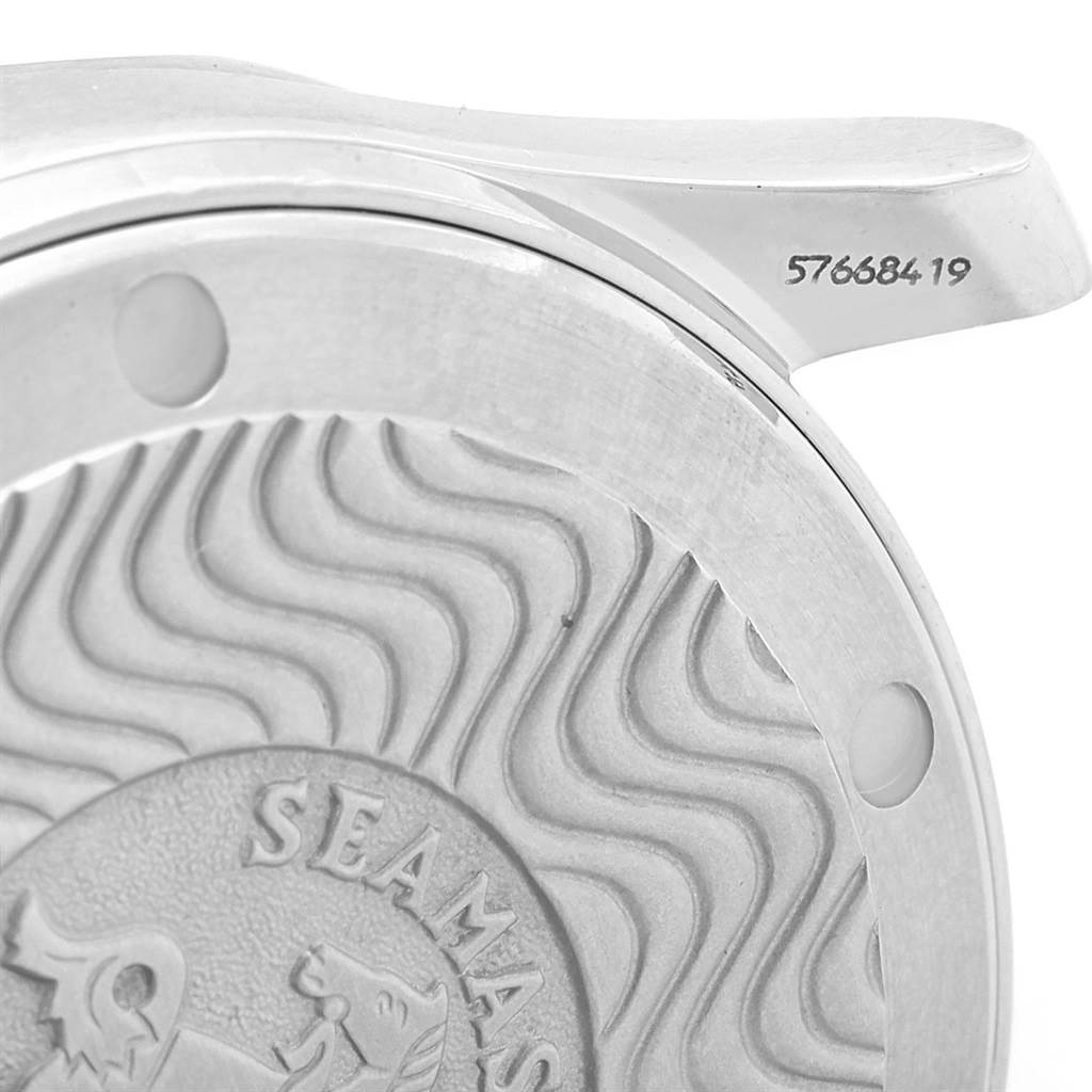 The image shows a close-up of the case back and lugs of an Omega Seamaster 2561.80.00 Men
s Stainless Steel Blue Dial 2561.80.00 Men
s Stainless Steel Blue Dial watch, featuring the model
s engraved details.