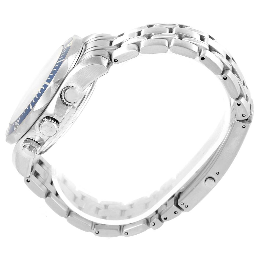 The image shows a side angle of the Omega Seamaster 2599.80.00 Men
s Stainless Steel Blue Dial 2599.80.00 Men
s Stainless Steel Blue Dial watch, highlighting the crown, pushers, and stainless steel bracelet.