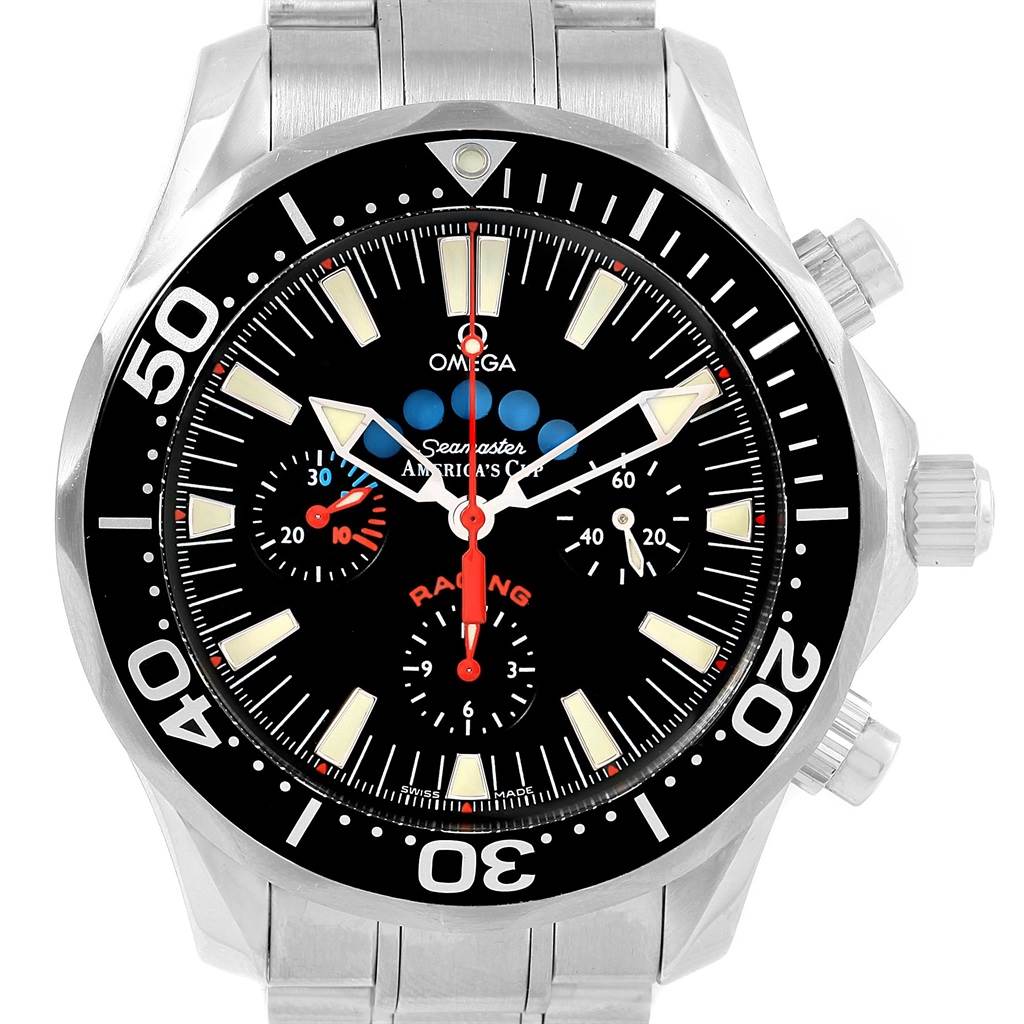 The Omega Seamaster 2569.50.00 Men
s Stainless Steel Black Dial 2569.50.00 Men
s Stainless Steel Black Dial watch is shown from a front angle, displaying the dial, bezel, and part of the bracelet.