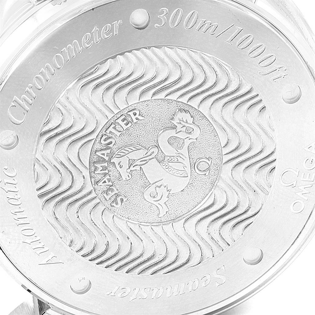 This image shows the back case of an Omega Seamaster 2569.50.00 Men
s Stainless Steel Black Dial 2569.50.00 Men
s Stainless Steel Black Dial watch, highlighting the engraved logo and specifications.