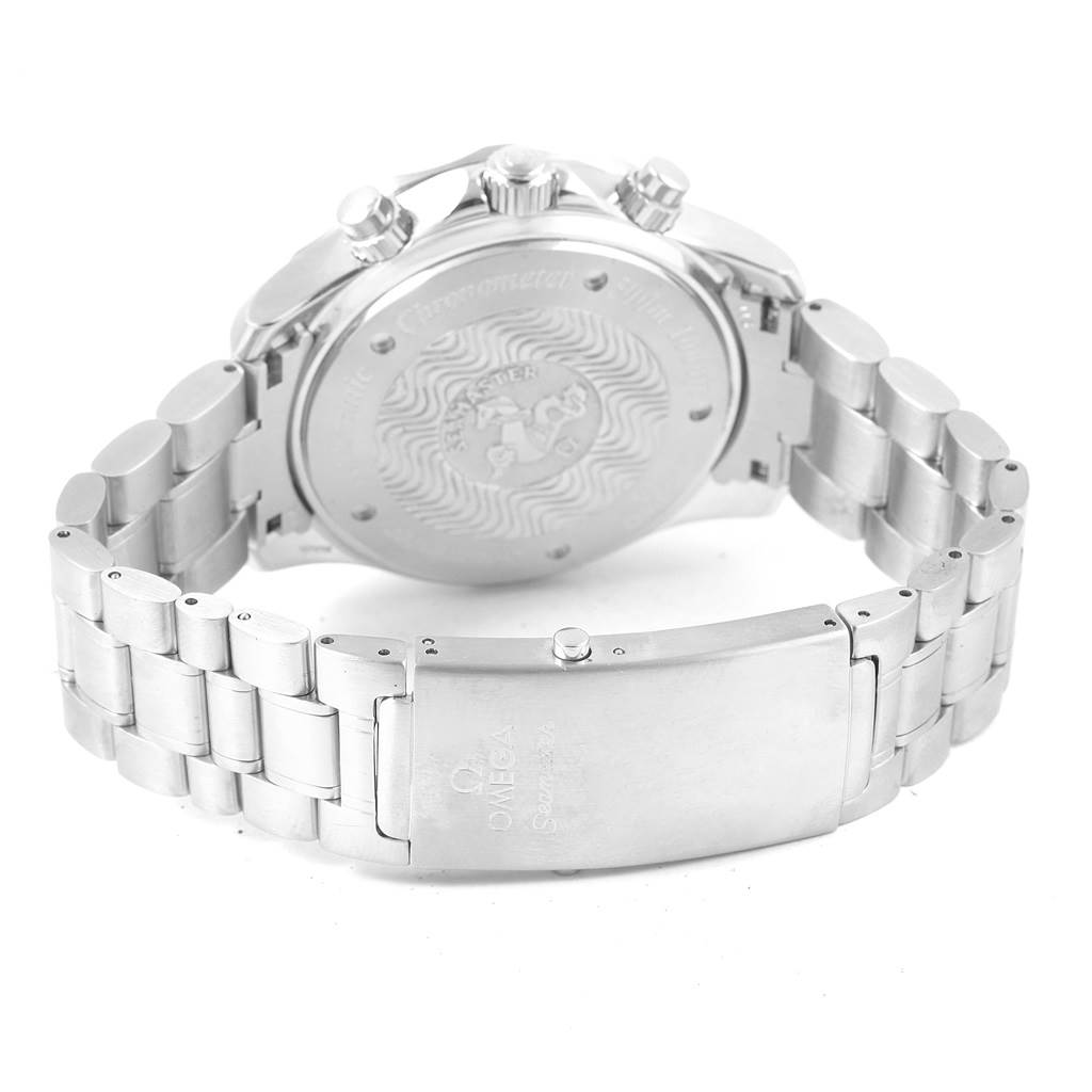 The image shows the back view of the Omega Seamaster 2569.50.00 Men
s Stainless Steel Black Dial 2569.50.00 Men
s Stainless Steel Black Dial watch, including its stainless steel case back and bracelet with the clasp.