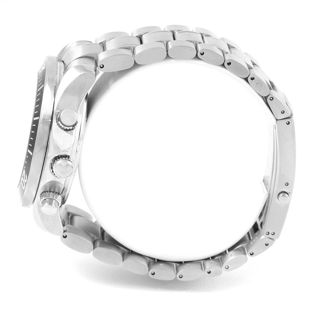 The image shows a side view of an Omega Seamaster 2569.50.00 Men
s Stainless Steel Black Dial 2569.50.00 Men
s Stainless Steel Black Dial watch, highlighting the crown, pushers, and part of the metal bracelet.