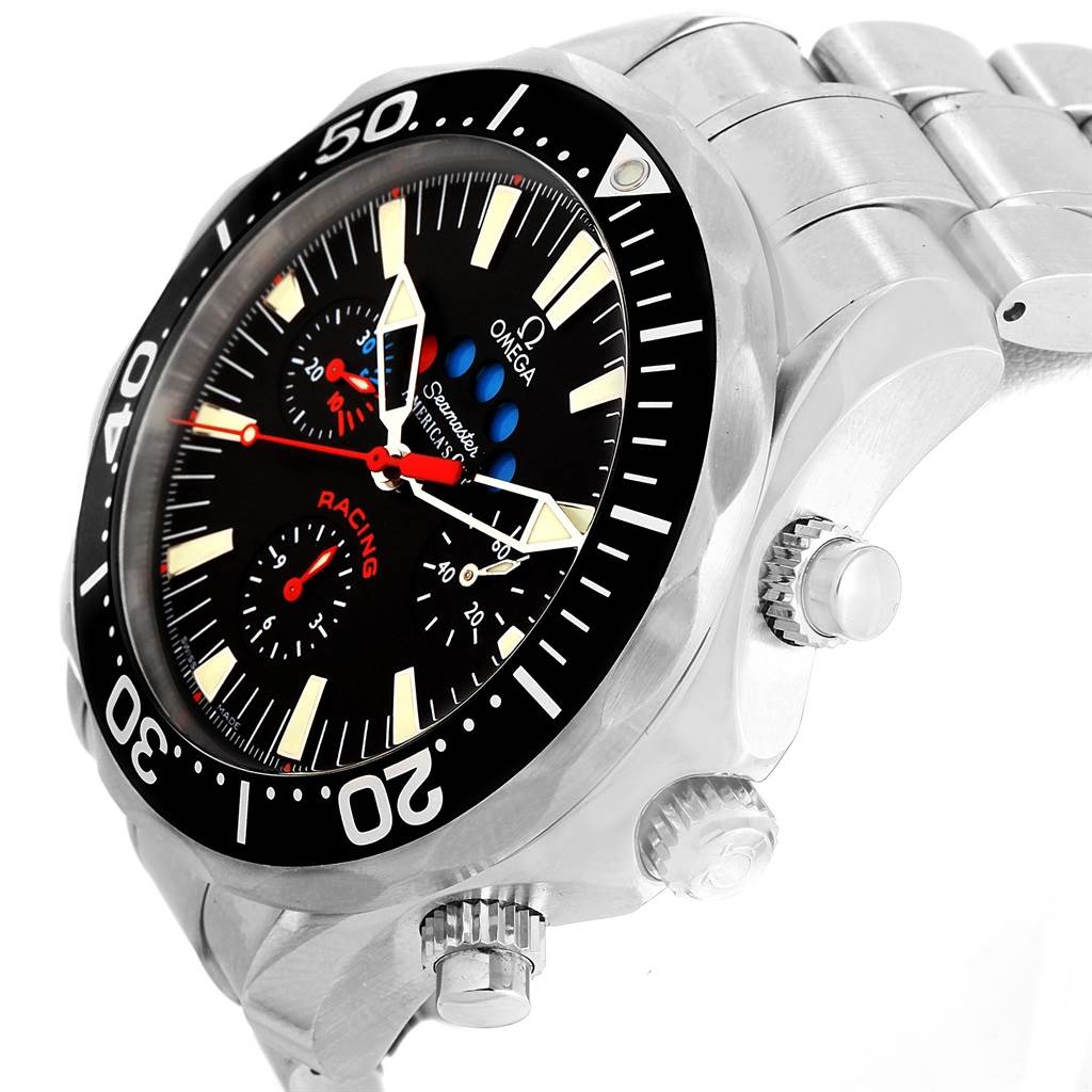 The image shows a side angle of an Omega Seamaster 2569.50.00 Men
s Stainless Steel Black Dial 2569.50.00 Men
s Stainless Steel Black Dial watch, highlighting its bezel, crown, pushers, and part of the bracelet.