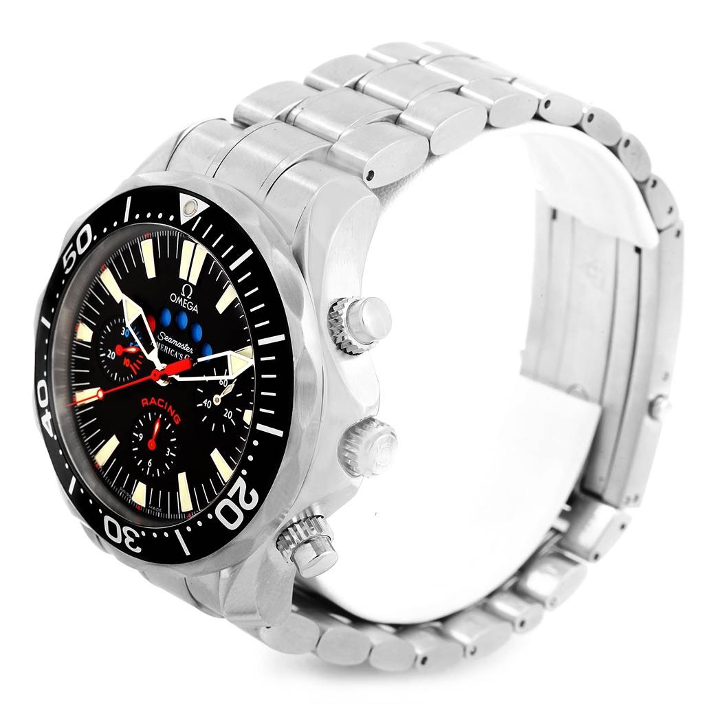 The Omega Seamaster 2569.50.00 Men
s Stainless Steel Black Dial 2569.50.00 Men
s Stainless Steel Black Dial watch is shown at a 45-degree angle, highlighting the dial, bezel, and partial metal bracelet.