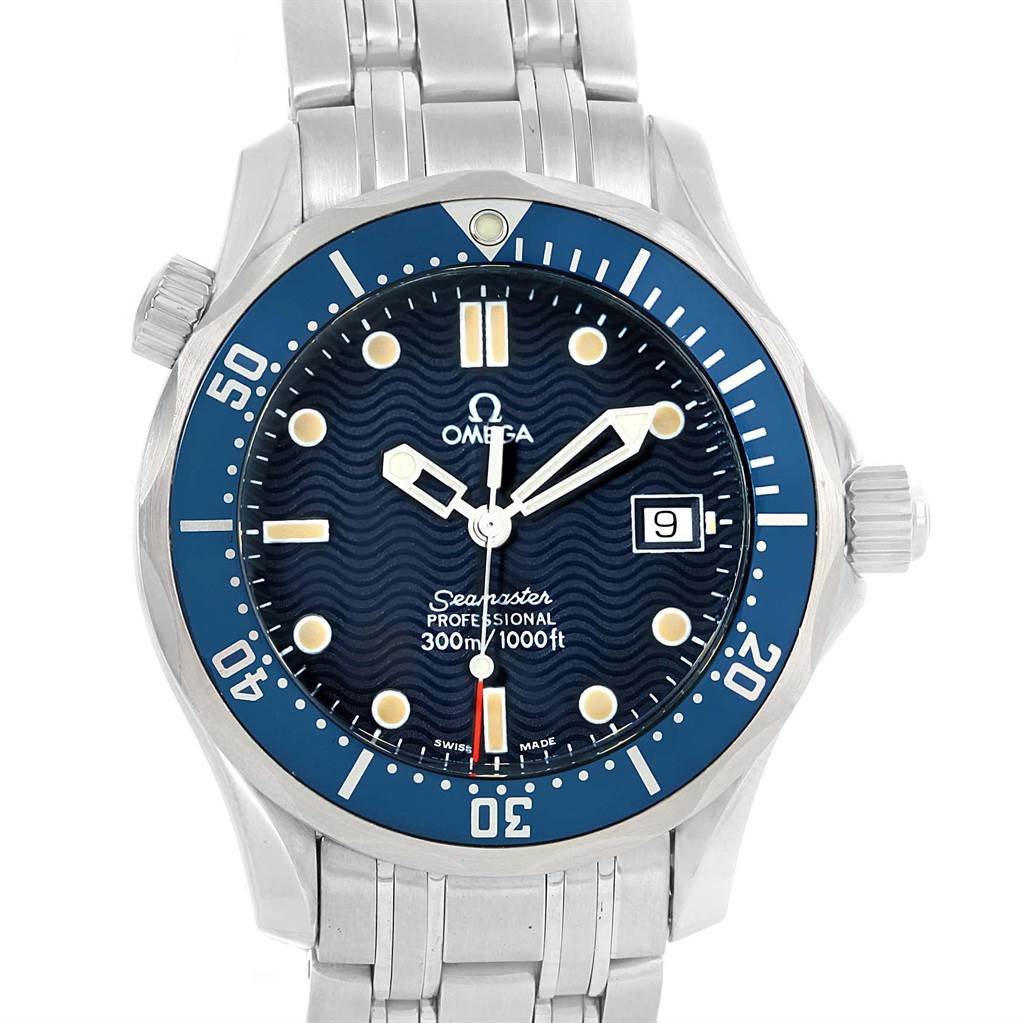The Omega Seamaster 2561.80.00 Men's Stainless Steel Blue Dial 2561.80.00 Men's Stainless Steel Blue Dial watch is shown from a straight-on angle displaying its dial, bezel, crown, and stainless steel bracelet.