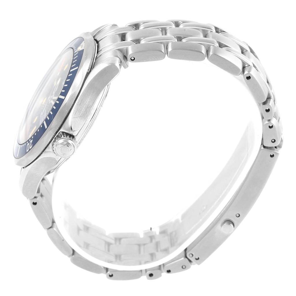 The Omega Seamaster 2561.80.00 Men's Stainless Steel Blue Dial 2561.80.00 Men's Stainless Steel Blue Dial watch is shown from a side angle, highlighting the crown, bezel, and metal strap.