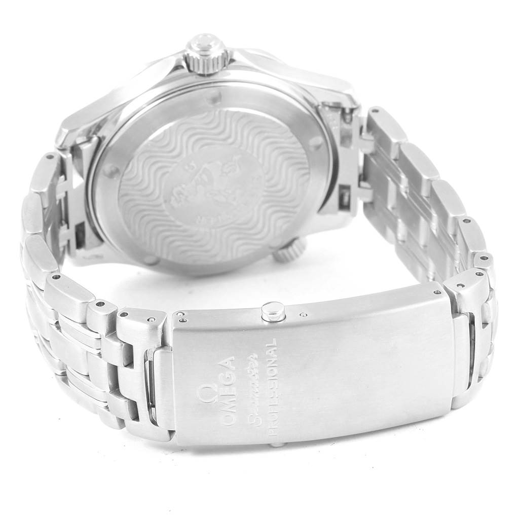 The image shows the back and clasp of an Omega Seamaster 2561.80.00 Men's Stainless Steel Blue Dial 2561.80.00 Men's Stainless Steel Blue Dial watch from a rear angle.