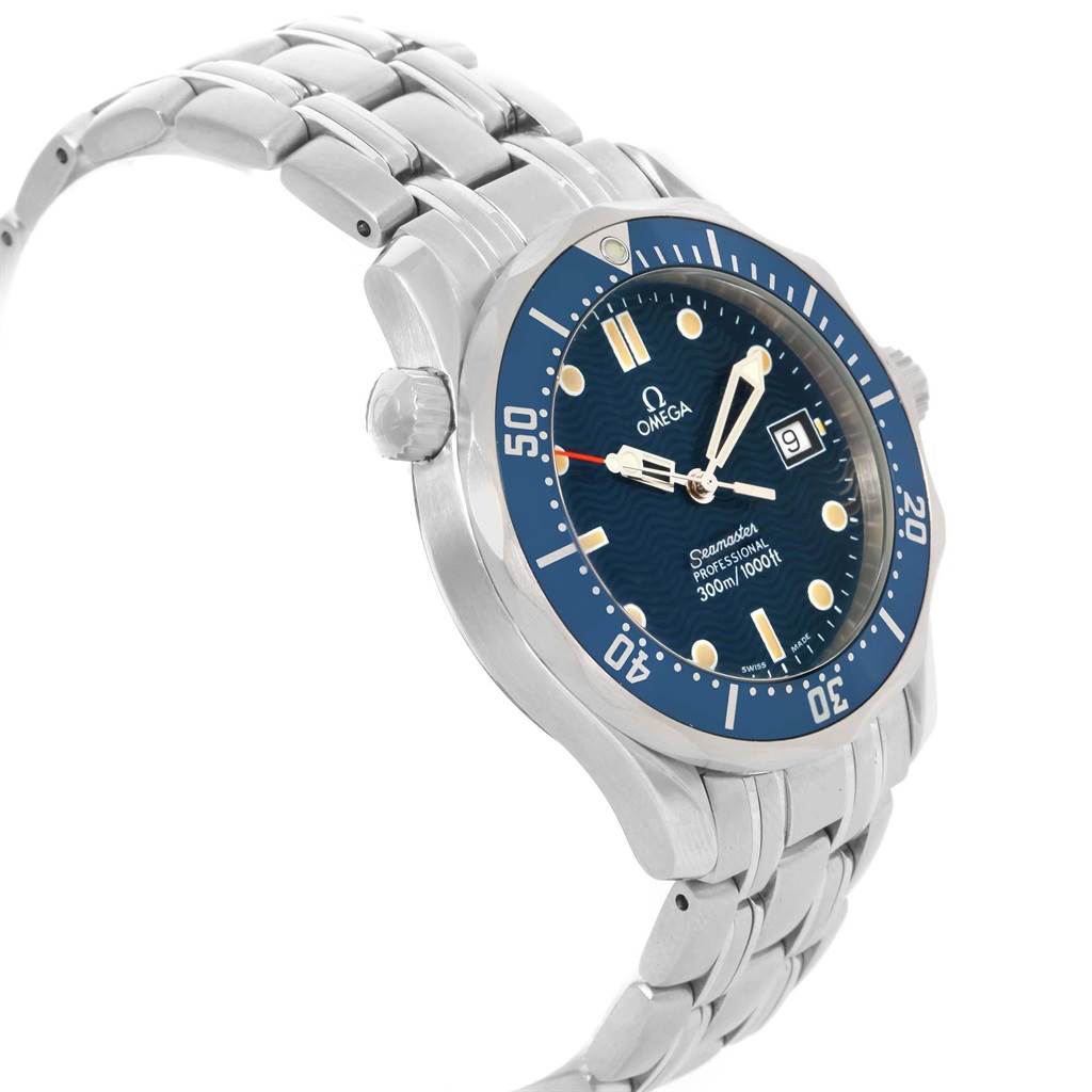 The image shows an Omega Seamaster 2561.80.00 Men's Stainless Steel Blue Dial 2561.80.00 Men's Stainless Steel Blue Dial watch at an angle, displaying its blue dial, bezel, crown, and metal bracelet.
