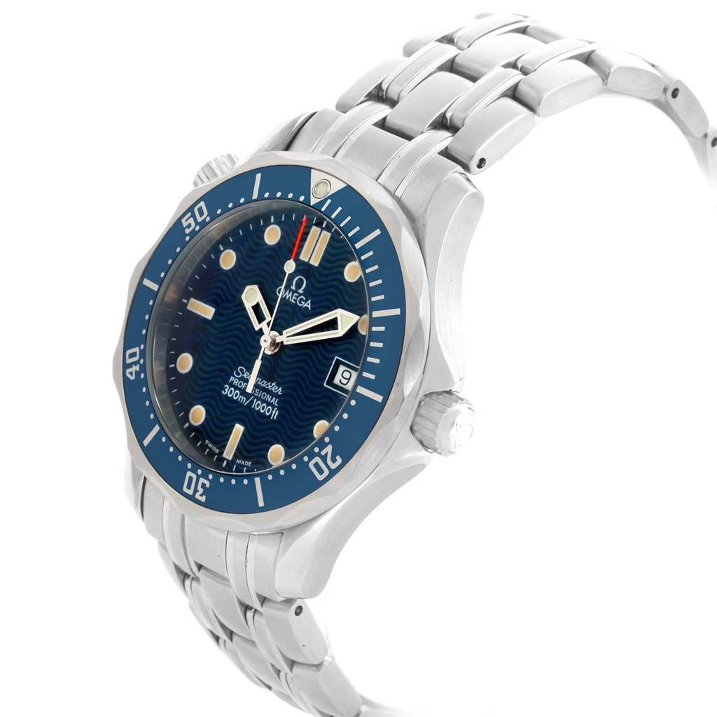 The Omega Seamaster 2561.80.00 Men's Stainless Steel Blue Dial 2561.80.00 Men's Stainless Steel Blue Dial watch is shown at a slight angle, highlighting the face, bezel, and bracelet.