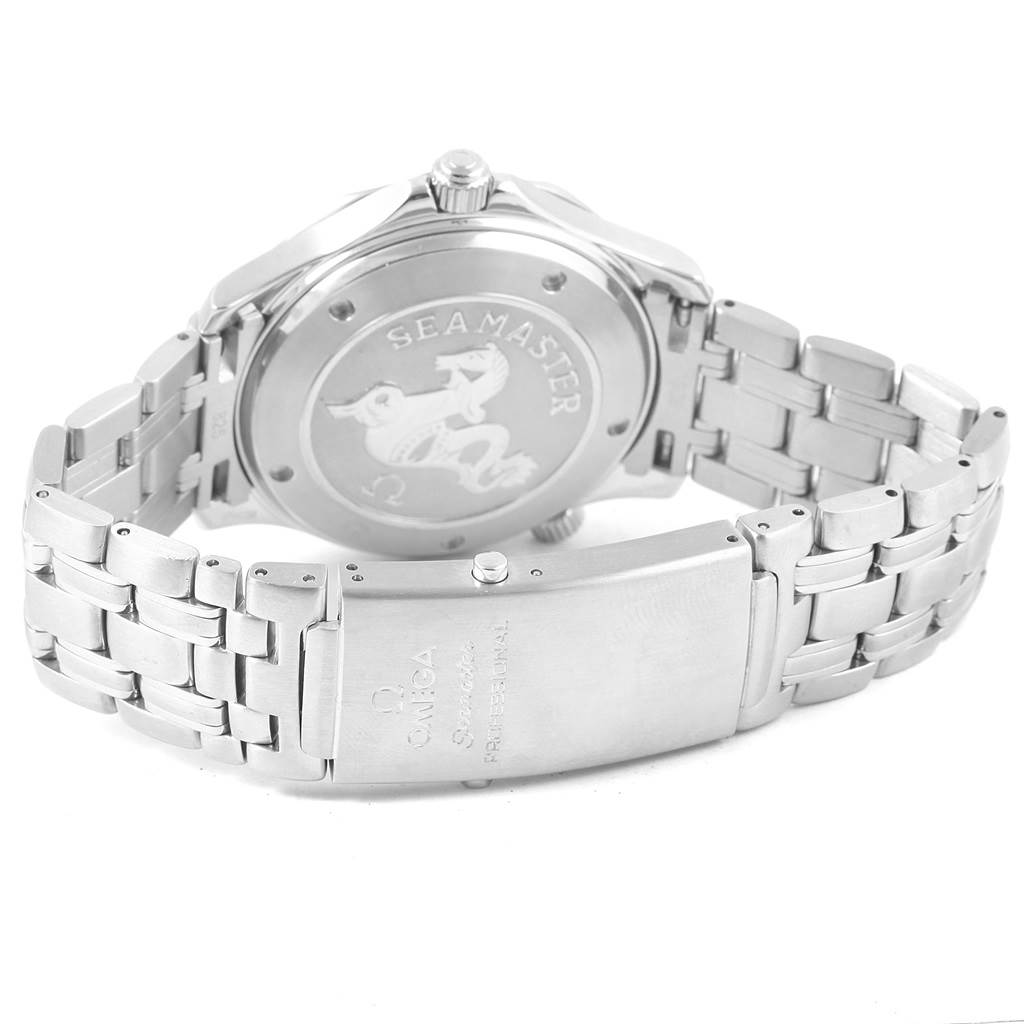 The image shows the back and bracelet of the Omega Seamaster 212.30.41.20.01.002 Men
s Stainless Steel Black Dial 212.30.41.20.01.002 Men
s Stainless Steel Black Dial watch, highlighting the clasp and engraved case back.