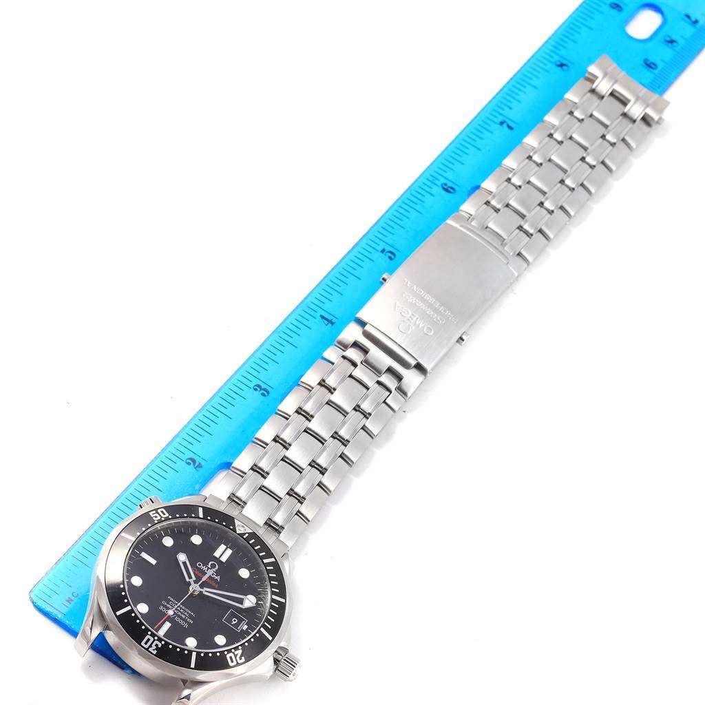 The Omega Seamaster 212.30.41.20.01.002 Men
s Stainless Steel Black Dial 212.30.41.20.01.002 Men
s Stainless Steel Black Dial watch is displayed flat with a ruler, showing the full bracelet and clasp.