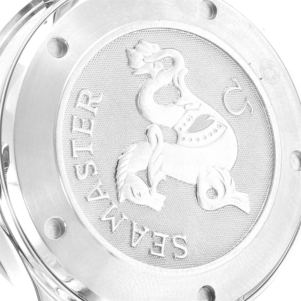 This image shows the case back of an Omega Seamaster 212.30.41.20.01.002 Men
s Stainless Steel Black Dial 212.30.41.20.01.002 Men
s Stainless Steel Black Dial watch, featuring the emblem and engraved "SEAMASTER" text.