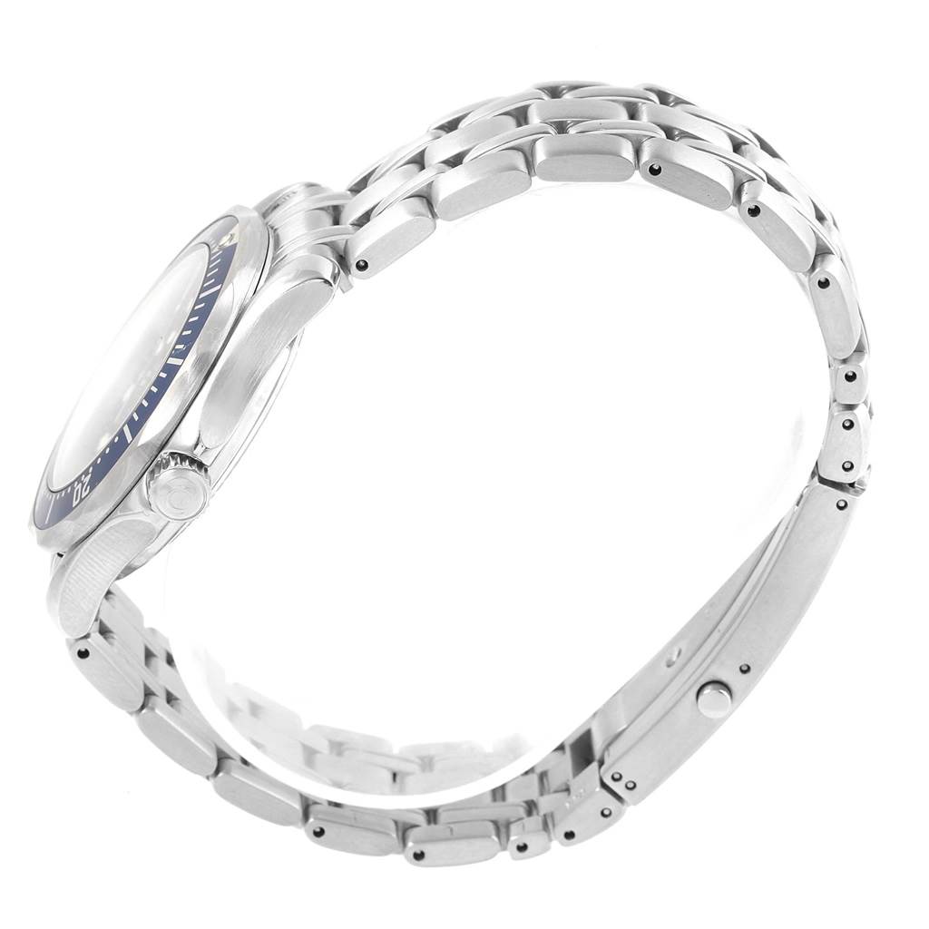 The Omega Seamaster 2561.80.00 Men
s Stainless Steel Blue Dial 2561.80.00 Men
s Stainless Steel Blue Dial watch is shown from a side angle, displaying its face, bezel, and metal bracelet band.