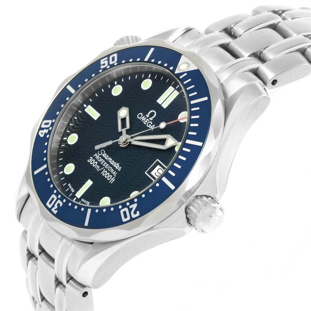 The image shows a side angle of an Omega Seamaster 2561.80.00 Men
s Stainless Steel Blue Dial 2561.80.00 Men
s Stainless Steel Blue Dial watch, highlighting its face, bezel, crown, and part of the metal bracelet.