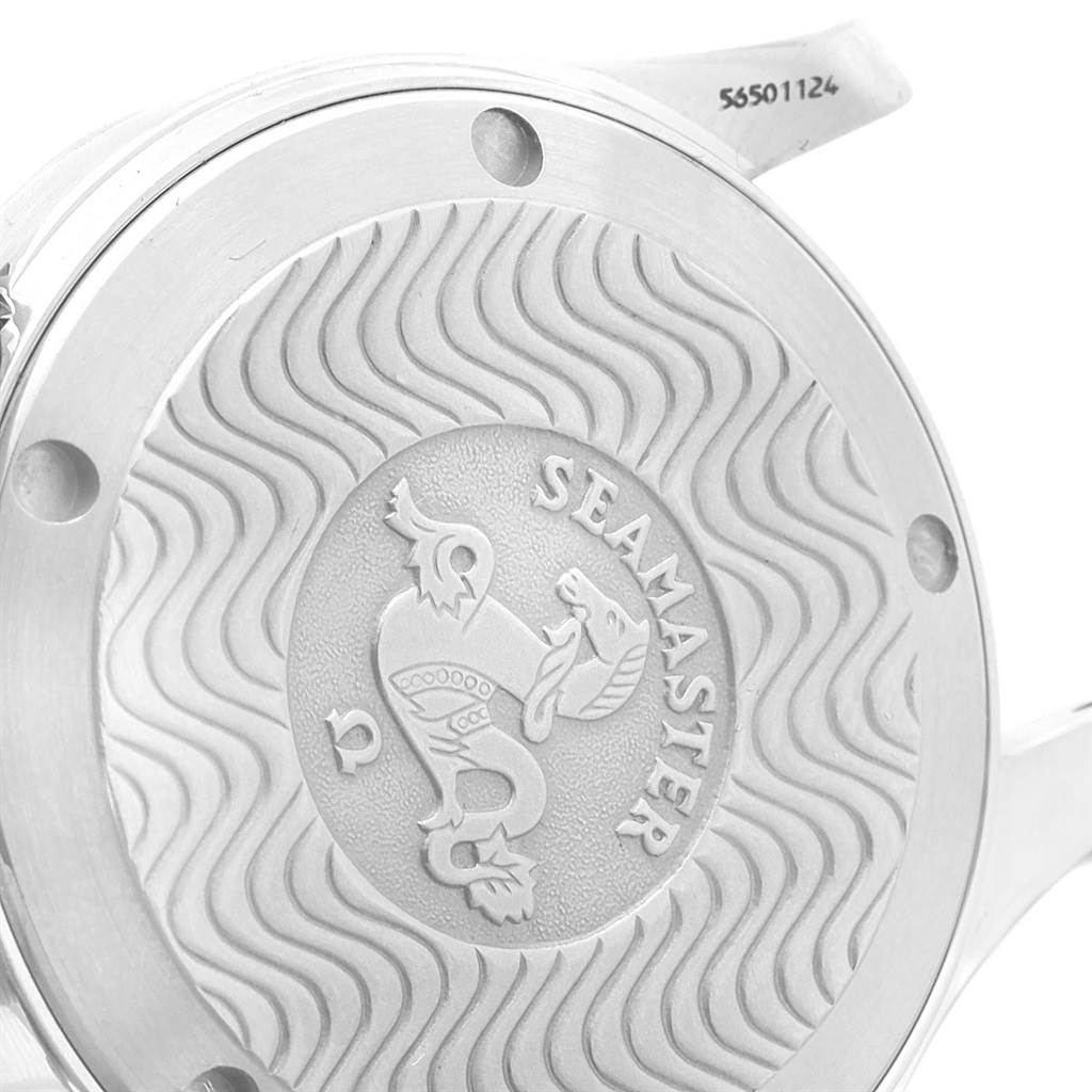 This image shows the engraved case back of an Omega Seamaster 2561.80.00 Men
s Stainless Steel Blue Dial 2561.80.00 Men
s Stainless Steel Blue Dial watch, viewed from a close-up angle.