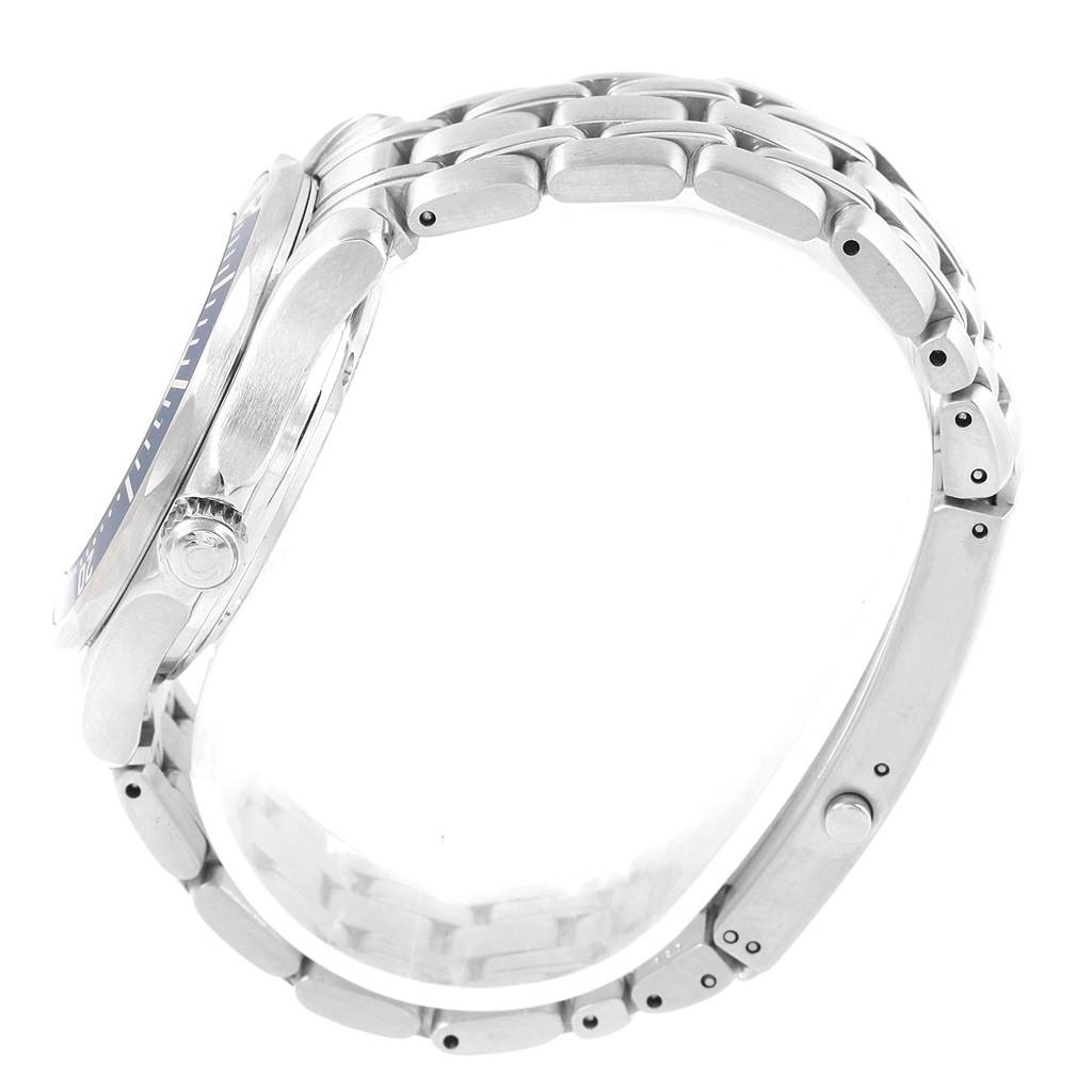 The image shows the Omega Seamaster 2551.80.00 Men
s Stainless Steel Blue Dial 2551.80.00 Men
s Stainless Steel Blue Dial watch from a side angle, highlighting its bezel, crown, and stainless steel bracelet.