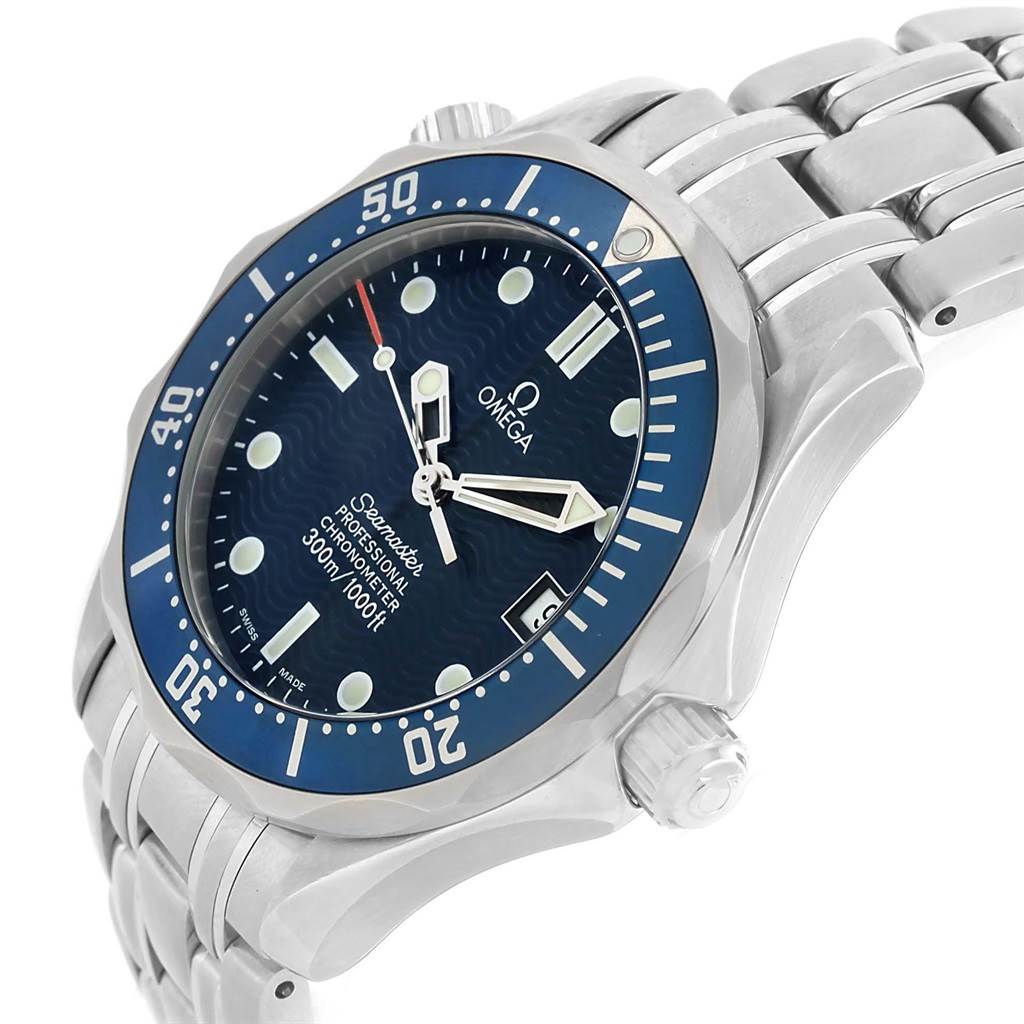 The Omega Seamaster 2551.80.00 Men
s Stainless Steel Blue Dial 2551.80.00 Men
s Stainless Steel Blue Dial watch is shown at an angled view, highlighting its face, bezel, and bracelet.