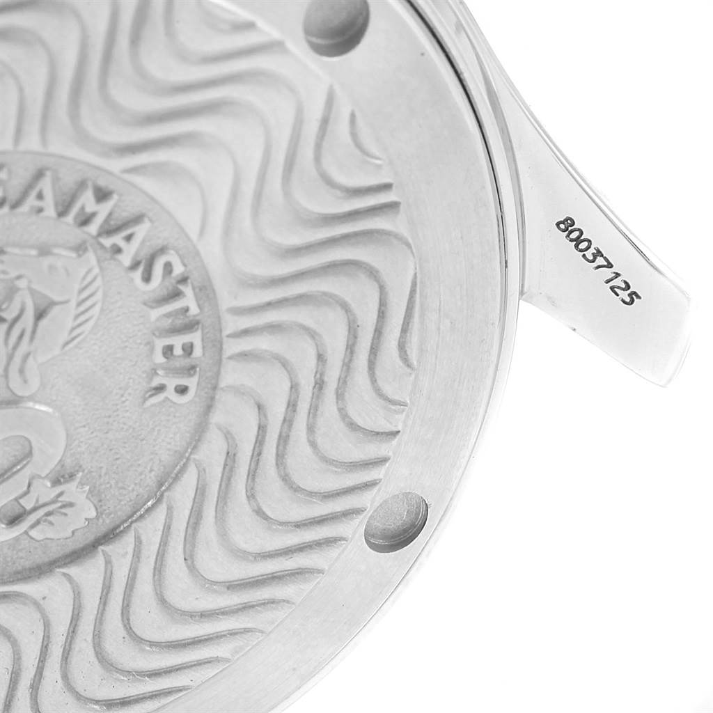 The image shows a close-up of the case back for an Omega Seamaster 2551.80.00 Men
s Stainless Steel Blue Dial 2551.80.00 Men
s Stainless Steel Blue Dial watch, showcasing the model name and serial number.