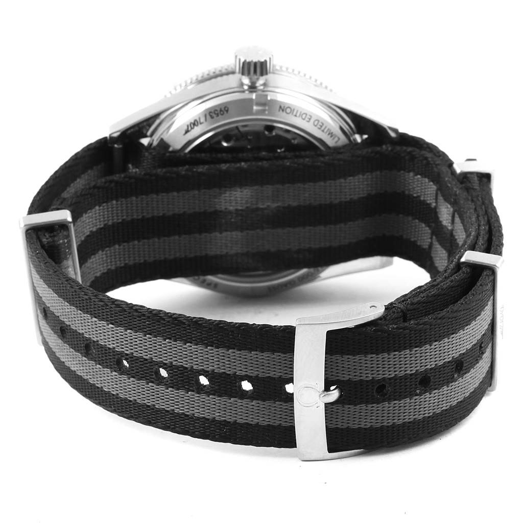 This image shows the back case and striped fabric strap of an Omega Seamaster 233.32.41.21.01.001 Men's Stainless Steel Black Dial 233.32.41.21.01.001 Men's Stainless Steel Black Dial watch from a rear angle.