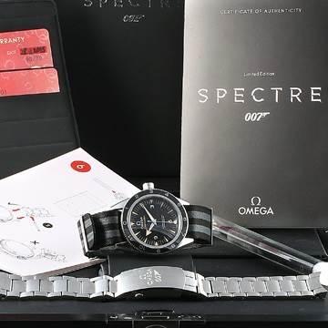 The image shows the Omega Seamaster 233.32.41.21.01.001 Men's Stainless Steel Black Dial 233.32.41.21.01.001 Men's Stainless Steel Black Dial watch at an angled front view, its box, a metal bracelet, warranty cards, and a certificate of authenticity.