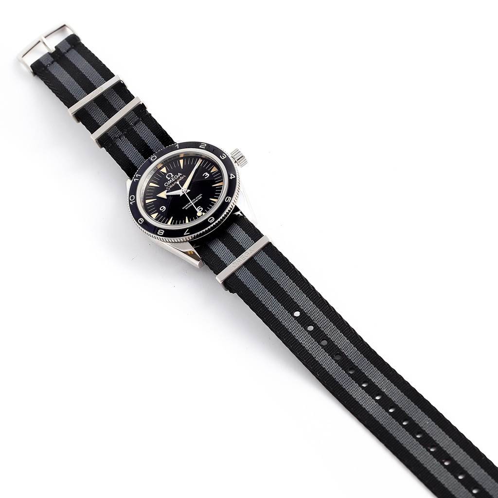 The image shows an Omega Seamaster 233.32.41.21.01.001 Men's Stainless Steel Black Dial 233.32.41.21.01.001 Men's Stainless Steel Black Dial watch laid flat, angled slightly to the left, highlighting its dial and black-striped band.