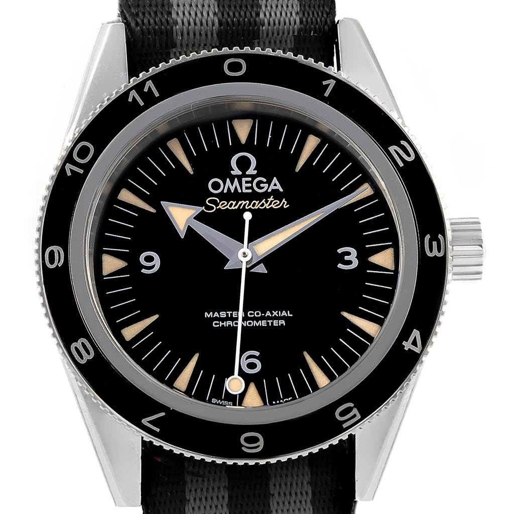 The image shows a front view of the Omega Seamaster 233.32.41.21.01.001 Men's Stainless Steel Black Dial 233.32.41.21.01.001 Men's Stainless Steel Black Dial watch, displaying the dial, hands, bezel, and part of the strap.