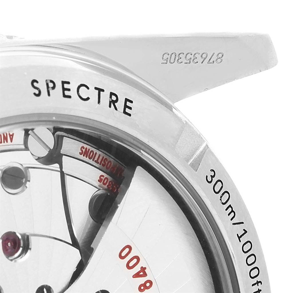 The image shows a partial side view of an Omega Seamaster 233.32.41.21.01.001 Men's Stainless Steel Black Dial 233.32.41.21.01.001 Men's Stainless Steel Black Dial "Spectre" model, highlighting the bezel, some watch mechanisms, and the water resistance rating.