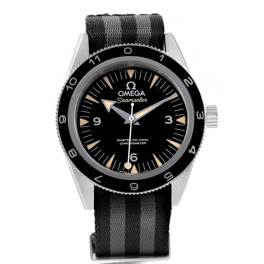 The Omega Seamaster 233.32.41.21.01.001 Men's Stainless Steel Black Dial 233.32.41.21.01.001 Men's Stainless Steel Black Dial watch is shown from a frontal angle, displaying the dial, bezel, and strap.
