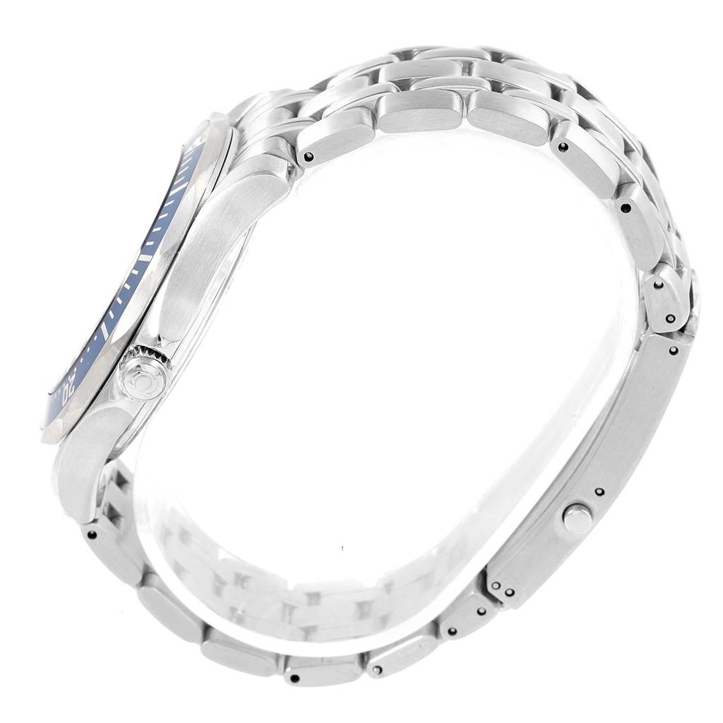 The image shows a side view of an Omega Seamaster 2541.80.00 Men
s Stainless Steel Blue Dial 2541.80.00 Men
s Stainless Steel Blue Dial watch focusing on its metal bracelet and crown.