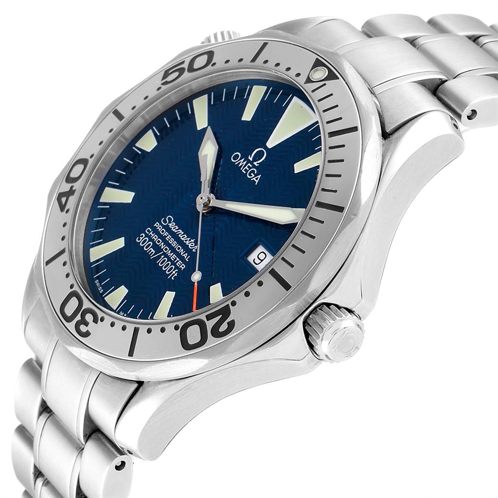 This image shows an angled view of an Omega Seamaster 2255.80.00 Men
s Stainless Steel Blue Dial 2255.80.00 Men
s Stainless Steel Blue Dial watch, highlighting its face, bezel, crown, and part of the bracelet.