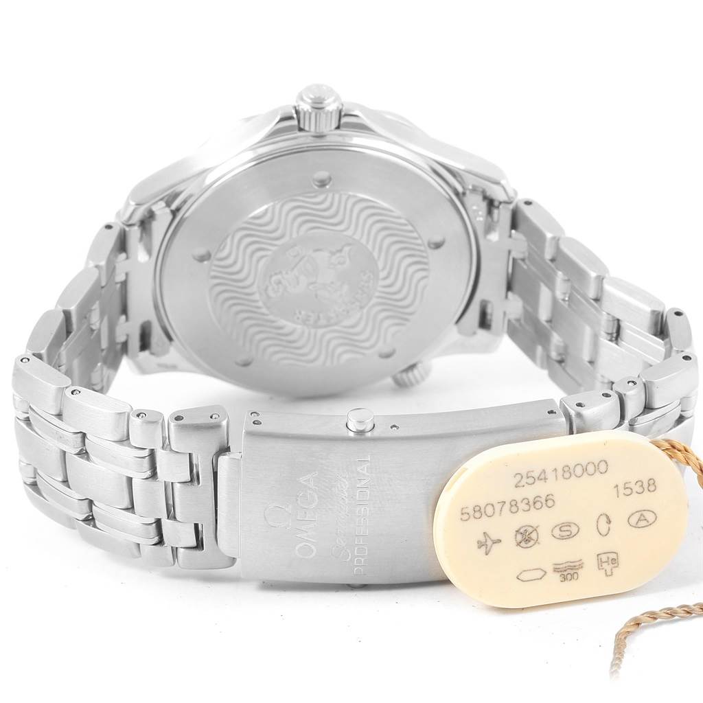 The image shows the back of the Omega Seamaster 2541.80.00 Men
s Stainless Steel Blue Dial 2541.80.00 Men
s Stainless Steel Blue Dial watch and its bracelet clasp, with details engraved on the clasp.