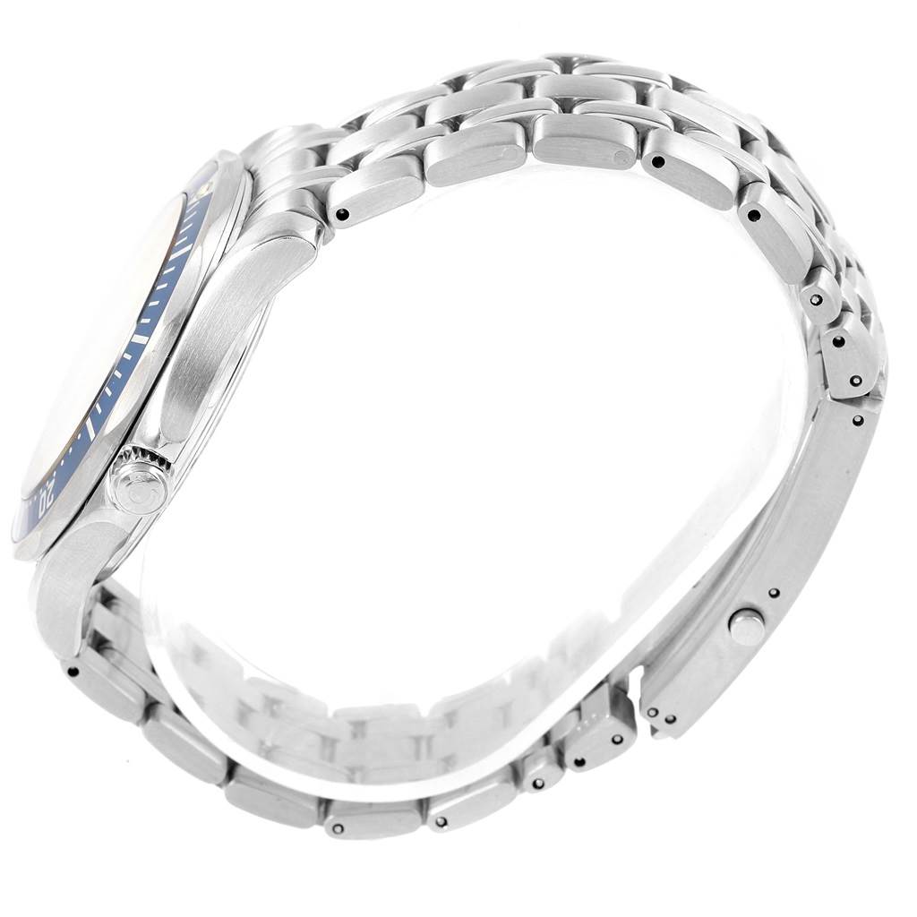 The image shows a side view of an Omega Seamaster 2541.80.00 Men
s Stainless Steel Blue Dial 2541.80.00 Men
s Stainless Steel Blue Dial watch, highlighting the case, crown, and bracelet links.