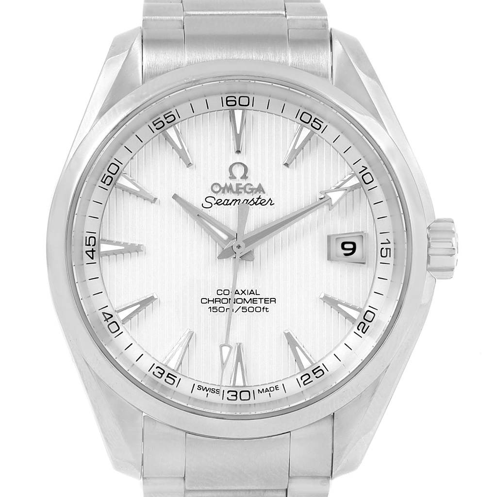 The image shows a front view of the Omega Seamaster Aqua Terra watch, highlighting its dial, bezel, bracelet, and crown.
