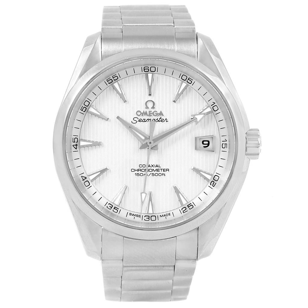 The image shows a frontal view of the Omega Seamaster Aqua Terra watch, highlighting the dial, hands, date window, and bracelet.