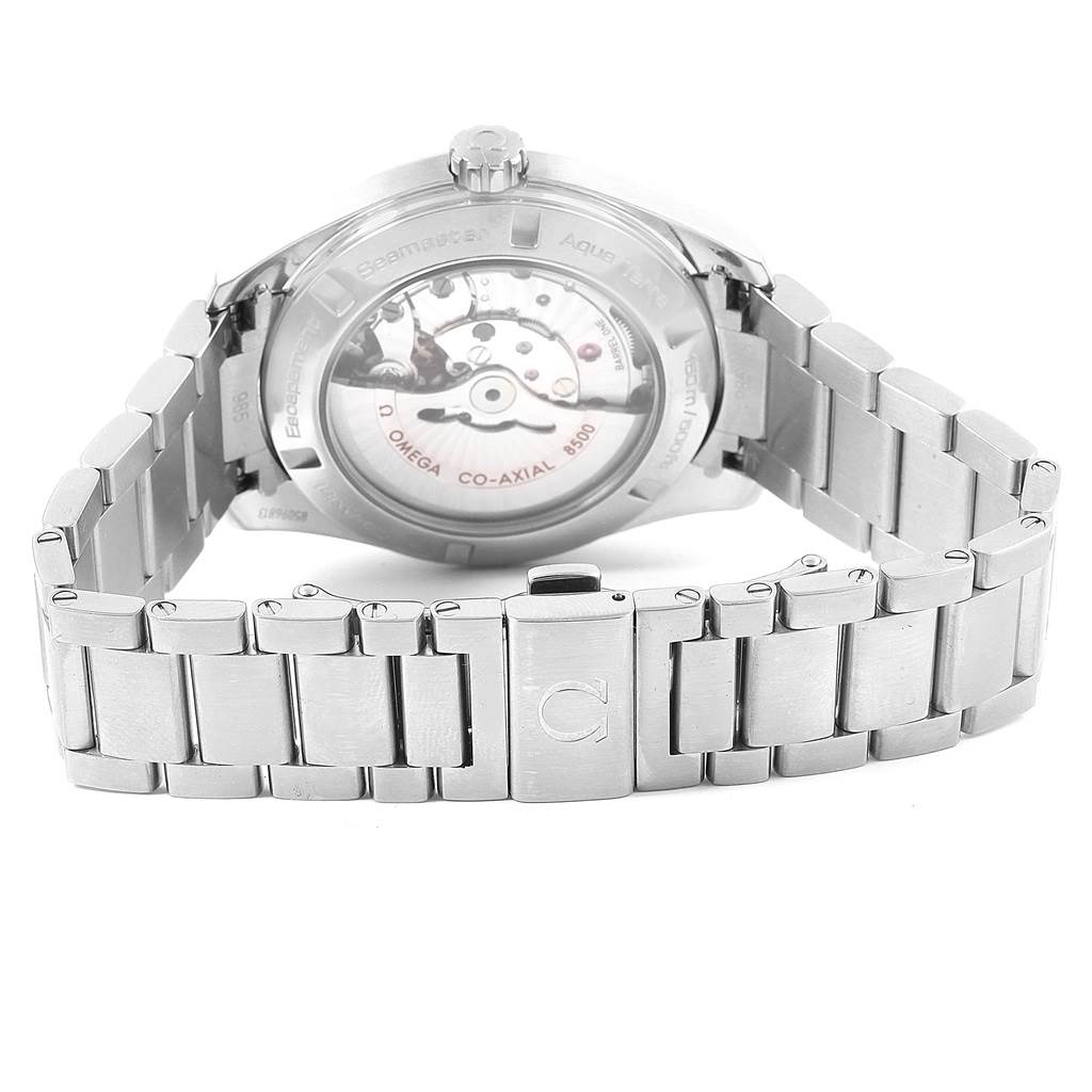 This image shows the back view of the Omega Aqua Terra 231.10.42.21.02.001 Men
s Stainless Steel Silver Dial 231.10.42.21.02.001 Men
s Stainless Steel Silver Dial watch, highlighting its stainless steel bracelet and exposed movement.