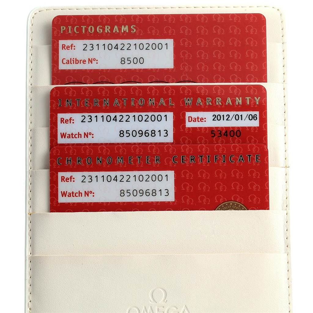 The image shows three red cards for the Omega Aqua Terra 231.10.42.21.02.001 Men
s Stainless Steel Silver Dial 231.10.42.21.02.001 Men
s Stainless Steel Silver Dial: Pictograms, International Warranty, and Chronometer Certificate.