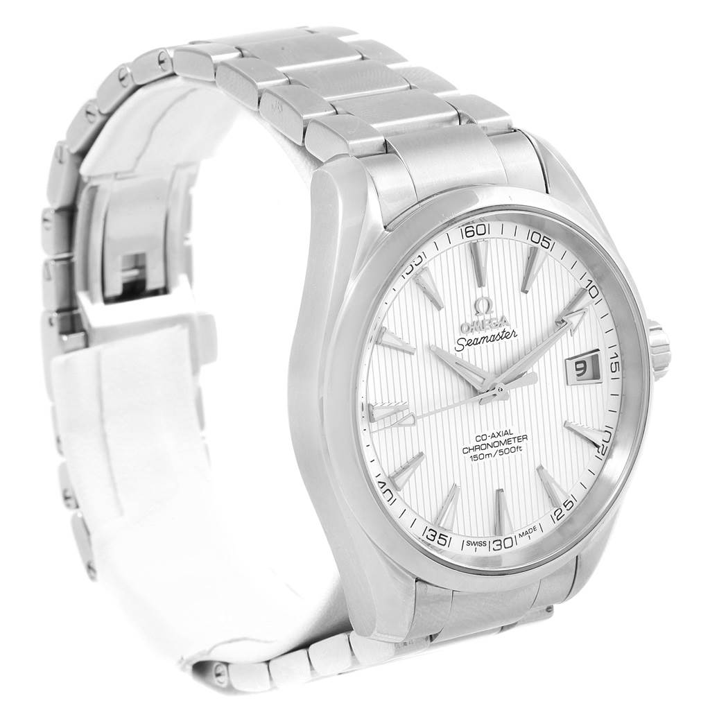 The image shows a side and front angle of the Omega Aqua Terra 231.10.42.21.02.001 Men
s Stainless Steel Silver Dial 231.10.42.21.02.001 Men
s Stainless Steel Silver Dial Seamaster watch, displaying the face and metal bracelet.