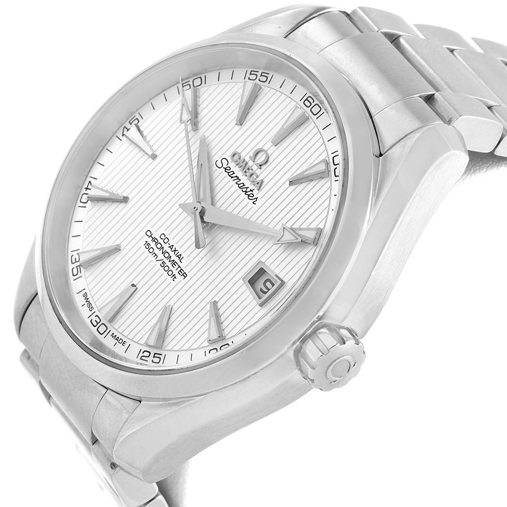 The image displays an Omega Aqua Terra 231.10.42.21.02.001 Men
s Stainless Steel Silver Dial 231.10.42.21.02.001 Men
s Stainless Steel Silver Dial watch from a side-angle view, showing the face, dial, bezel, crown, and part of the bracelet.